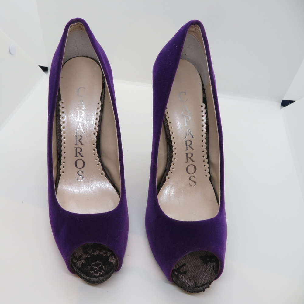 Purple velvet 4" heels with lace heels.